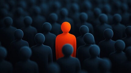 Obraz premium Single Bright Figure Stands Out Among Dark Silhouettes Representing Individuality and Uniqueness in Society