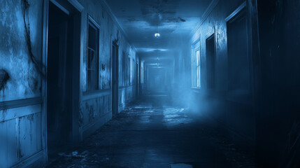 Obraz premium haunting abandoned asylum hallway with eerie lighting and fog