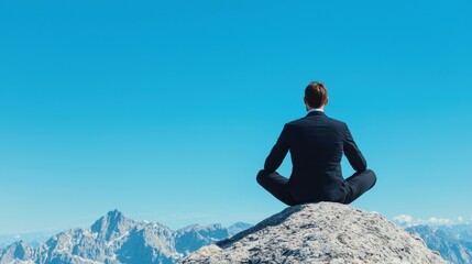 Businessman in Suits Meditating on Rock with Scenic Mountain View in Bright Blue Sky