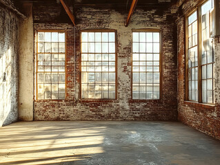 Fototapeta premium Spacious industrial loft with large windows and exposed brick walls, perfect for creative projects