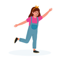 Young girl joyfully dancing in playful outfit with cheerful expression indoors