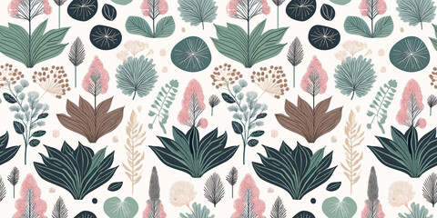 Handcrafted Abstract repeating pattern of stylized floral and leaf shapes in muted pastel colors on white background, for gift wrap and wallpaper