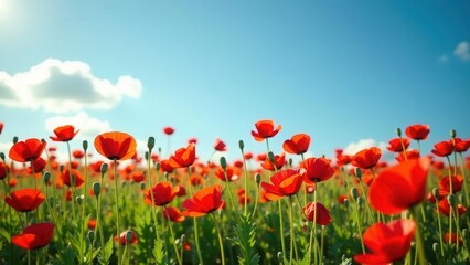 Fototapeta premium Vibrant Red Poppies Blooming Under a Sunny Sky in a Lush Meadow Field