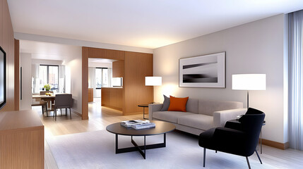 An elegant, contemporary living room with striking accents and simple, elegant details