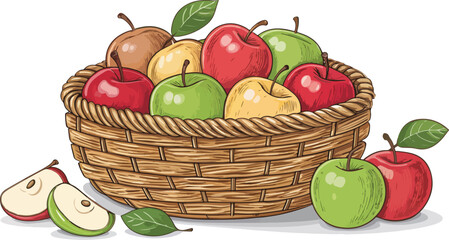 Apples in wicker basket with Apple Slice in Isolated background, Apple Illustration vector design