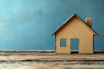 Cardboard house model on wooden table with blue background, real estate concept, and copy space banner for residential property marketing.