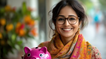 A Smiling South Asian Woman in Her Thirties Holding a Pink Piggy Bank, Standing in a Vibrant Outdoor Setting with Flowers and People in the Background