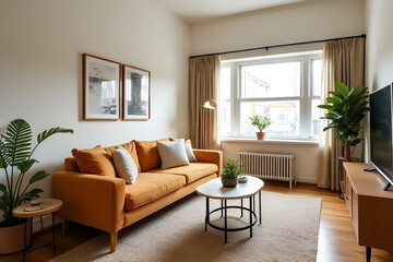 Modern Living Room Interior with Cozy Sofa and Plants by Window Bathed in Natural Light