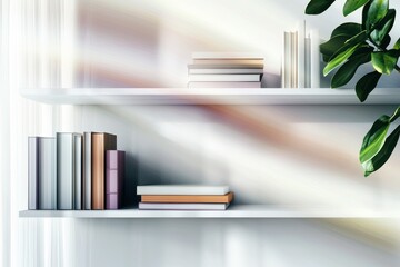 Bright Modern Bookshelves With Colorful Spines and Lush Greenery, Setting a Productive Atmosphere for Virtual Meetings
