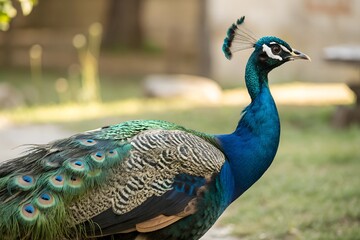 Minimalistic photo of a peacock in a quiet garden, extreme close-up capturing its colorful feathers in perfect symmetry, softly blurred background.