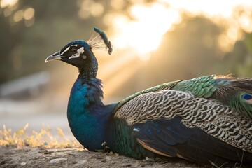 Obraz premium Minimalistic photo of a peacock resting in the sun, extreme close-up highlighting the detailed texture of its feathers, softly blurred background.