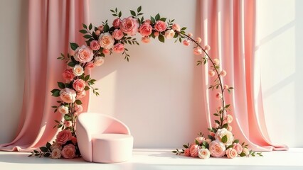 Pastel pink floral archway with plush armchair and soft drapes in a minimalist setting