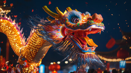 Vibrant depiction of traditional Chinese dragon during festival celebration, showcasing intricate details and bright colors