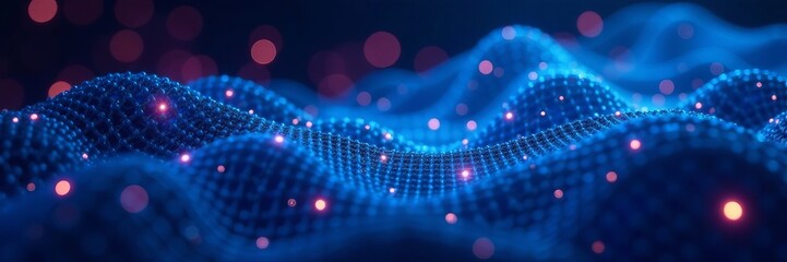 Geometric blue mesh design with glowing lights, glow, illuminated, background