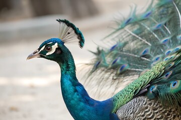 Obraz premium Minimalistic photo of a peacock displaying its vibrant tail feathers, extreme close-up focusing on the iridescent blues and greens, softly blurred background.