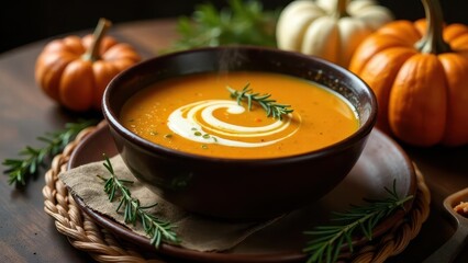 Warm, Creamy Pumpkin Soup with Swirled Cream and Fresh Herbs in a Rustic Bowl