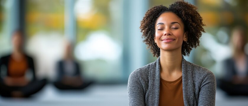 Young African American Woman Practicing Mindfulness and Meditation in a Serene Studio Environment During a Group Wellness Session for Stress Relief