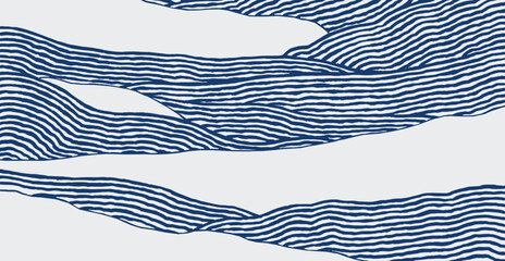 Crafted hand drawn brush line abstract wave or mountains background, Japanese and ethnic folk wood carving, engraving, weaving textured surface, simple graphic for textile, carpet, stationary