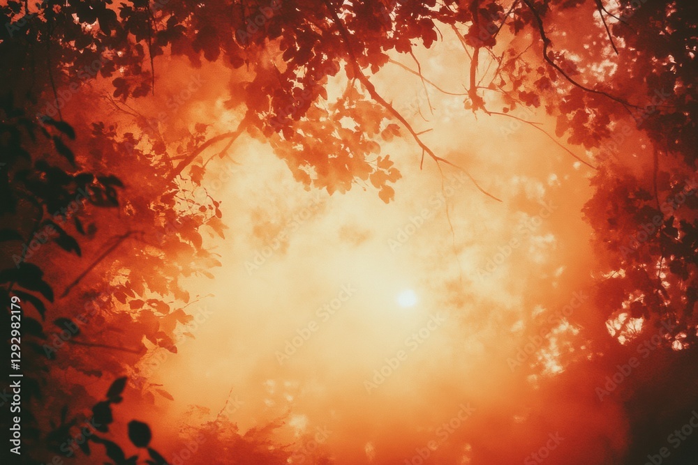 Poster Forest engulfed in flames and smoke with warm tones and empty sky for text. Generative AI