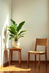 Serene Corner with Sunlight Illuminating a Plant on a Wooden Table and a Simple Chair