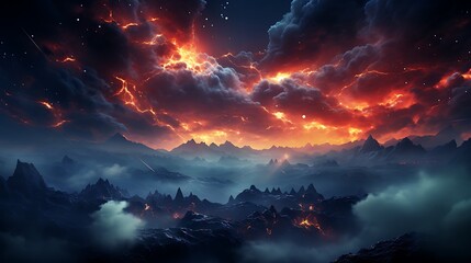 Fototapeta premium Fiery Inferno: Volcanic Mountains Under a Blazing Night Sky