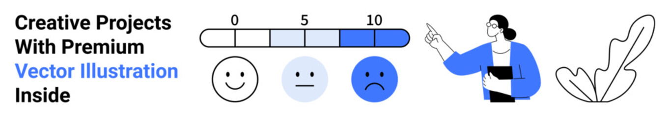 Emotion scale from 0 to 10 with happy faces for happy, neutral, and sad moods. Person pointing at the scale, abstract plant element. Ideal for feedback, emotions, surveys, ratings UX presentations