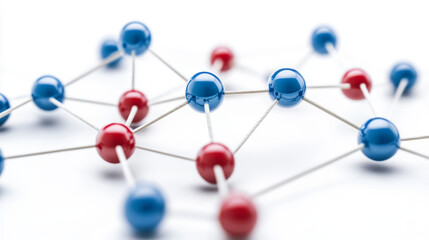 Obraz premium Molecular structure with red and blue spheres connected by white rods, symbolizing chemical bonds and scientific research