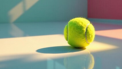 A single tennis ball rests on a smooth, pale surface, bathed in the warm glow of sunlight filtering through a pastel-colored background