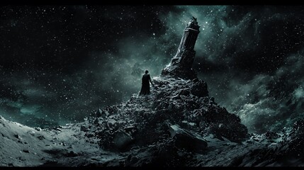 Obraz premium Solitary Figure on Snowy Mountain Peak Under Starry Night Sky