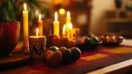 Warm candles and fruits create a peaceful and inviting scene