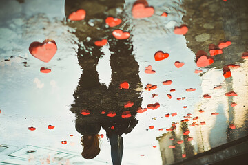 Romantic Reflection, Couple's Silhouette and Hearts in Water Mirror
