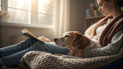 Obraz na płótnie Canvas Caring for pets a woman reading with her dog in a cozy home environment