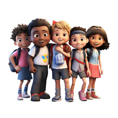 A group of cartoon children are standing in a line and wearing backpacks. isolated on transparent background