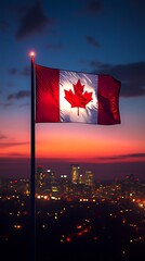 Canadian flag sunset city skyline
