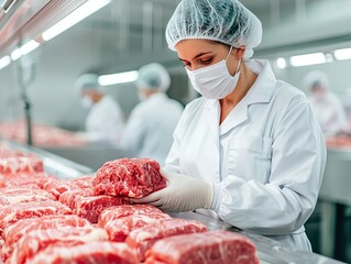 Meat inspection process food processing facility production line industrial environment close-up view quality control