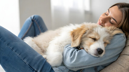 Caring for pets a heartwarming moment with a puppy at home pet care tips cozy indoor environment tender embrace