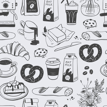 Breakfast seamless pattern with different food and drinks. Suitable for background, fabric, wrapping paper.