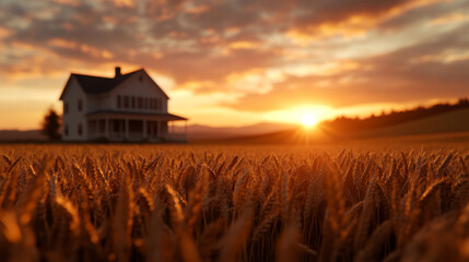 quaint farmhouse surrounded by golden wheat fields at s et, evoking tranquility and warmth
