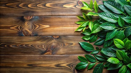 A dense cluster of green leaves at the corner of a wooden table, woodsy