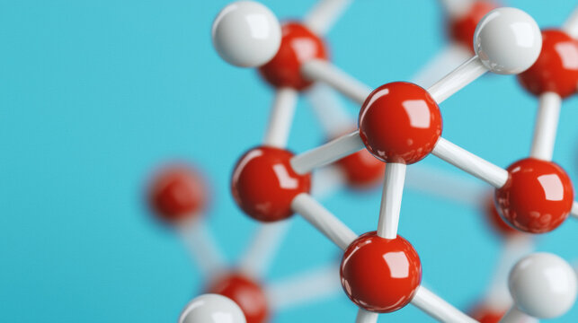 Molecule model structure representing biomaterials with red and white spheres on blue background, showcasing scientific concepts and molecular design