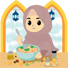 A cartoon of a girl wearing a hijab cooking during the Ramadan festival, with a lantern in the background, conveying the atmosphere of breaking the fast during the month of Ramadan.