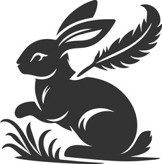Rabbit playing with a feather in the wind animal silhouette vector