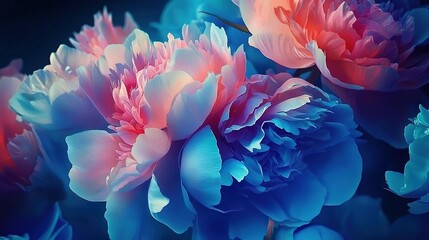 Obraz premium A cluster of pink and blue peonies against a backdrop of blue and pink, with a central red spot amidst the blooms