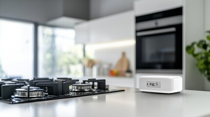 Carbon monoxide alarm in a kitchen above an electric stove. Featuring proactive safety measures and peace of mind