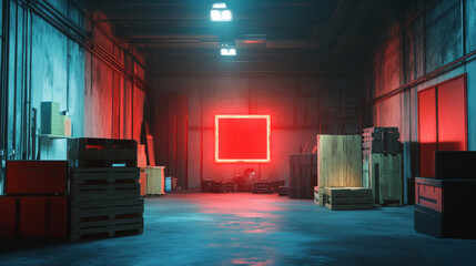 suspenseful scene in industrial warehouse with neon lights and crates