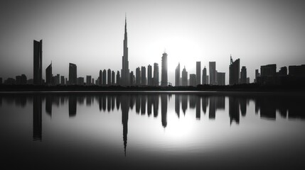 Cityscape silhouette reflection, sunrise, urban, travel, design