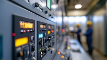 Naklejka premium Control Room with Electrical Equipment and Operators in Safety Gear