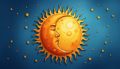 Decorative sun and moon artwork on blue background with stars as a symbol of the vernal equinox