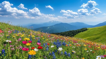 Obraz premium A wide-angle shot of a hillside covered in a blanket of colorful wildflowers, with distant mountains in the background. The vibrant colors of the flowers contrast with green hills blue sky above