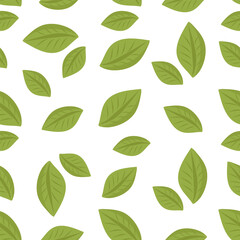 Seamless pattern with green leaves on white background, minimal botanical design